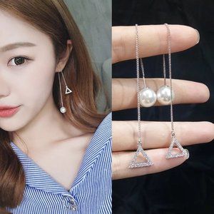 14k Gold Shell Pearl Diamonds Threader Earrings Sterling Silver